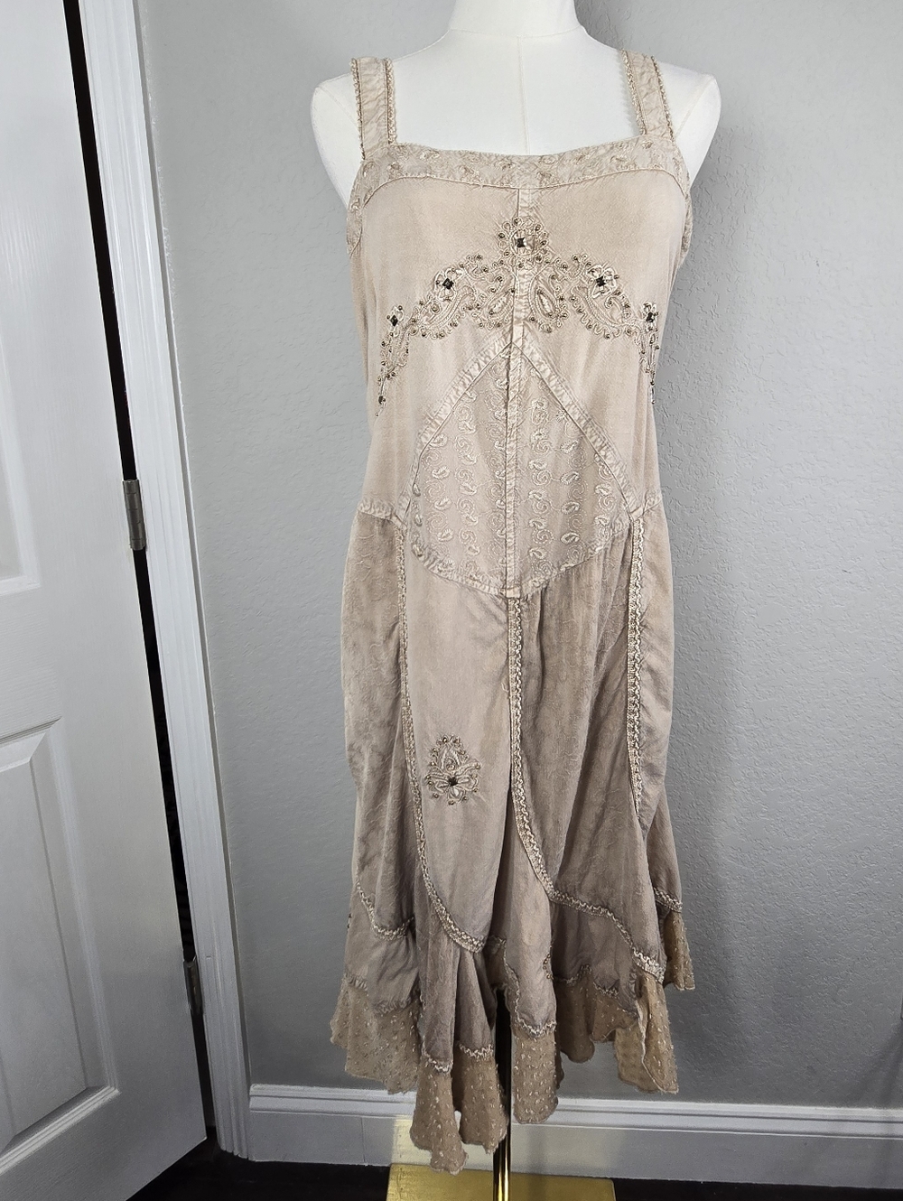 Coline XL Boho Goddess Embroidered Midi Dress Stonewashed Festival Chic Earthy - Picture 3 of 16